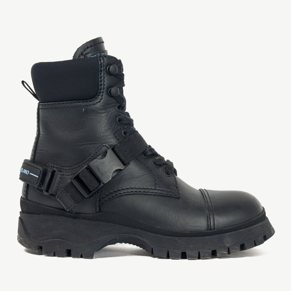 Prada AW18 Black Leather Clip-Detail Combat Boots